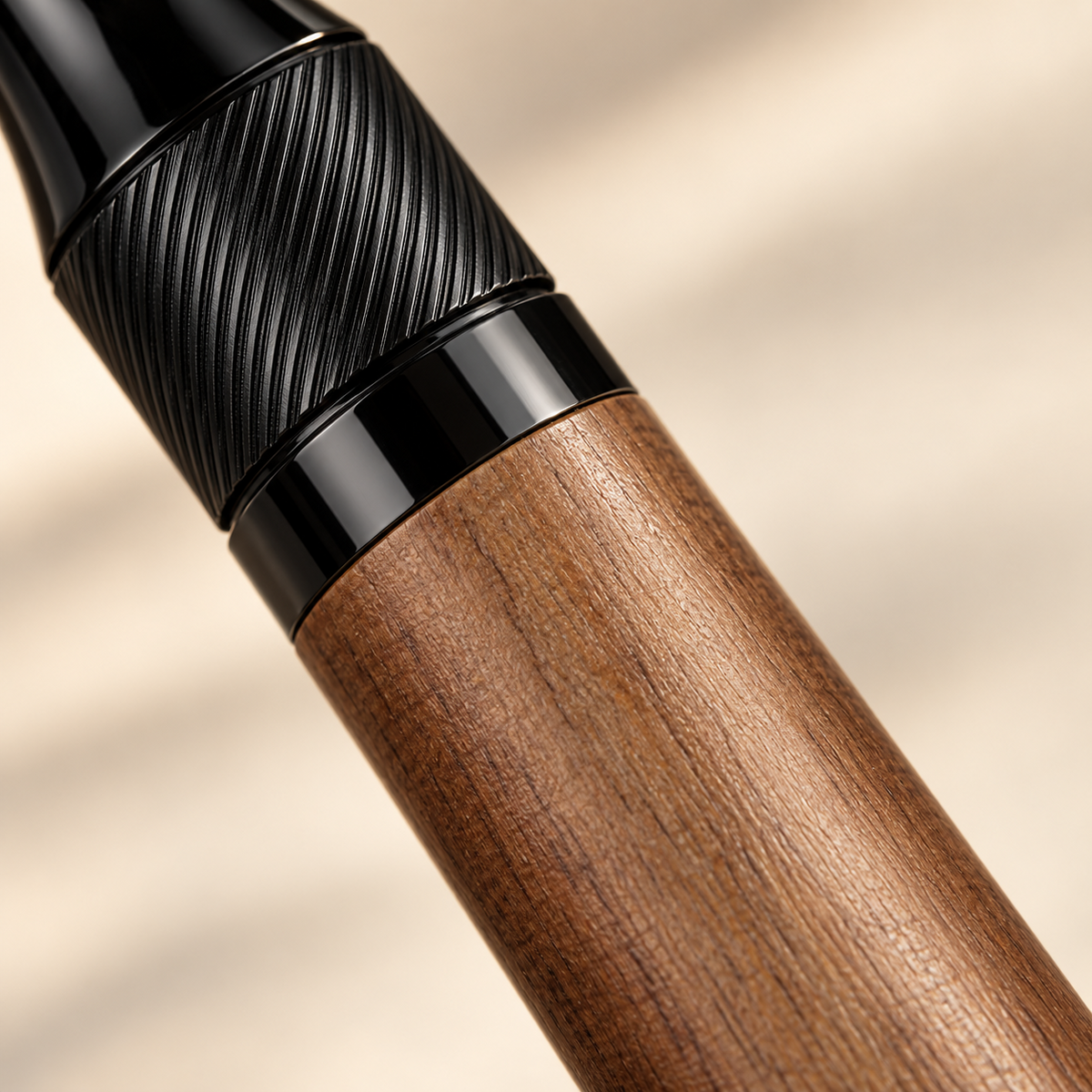 Close-up of the solid wood body and textured spinner.